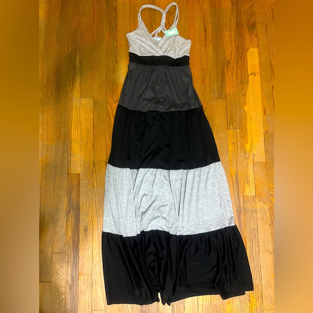 Floor-length striped grey and black sundress